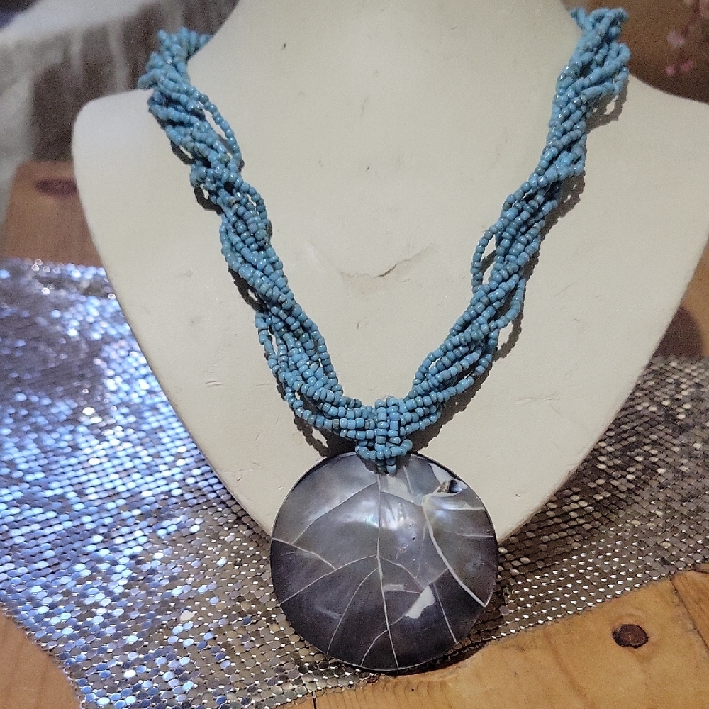 Blue Beaded Necklace with Shell Pendant  19"